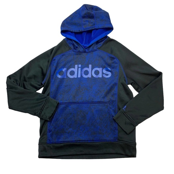 Adidas Hoodie Boys L Large Blue Black Raglan Fleece Sweatshirt Kangaroo Pocket